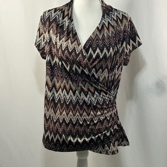 Melissa Paige Womens Brown Black Chevron Print Short Sleeve Top Size M - Picture 1 of 7